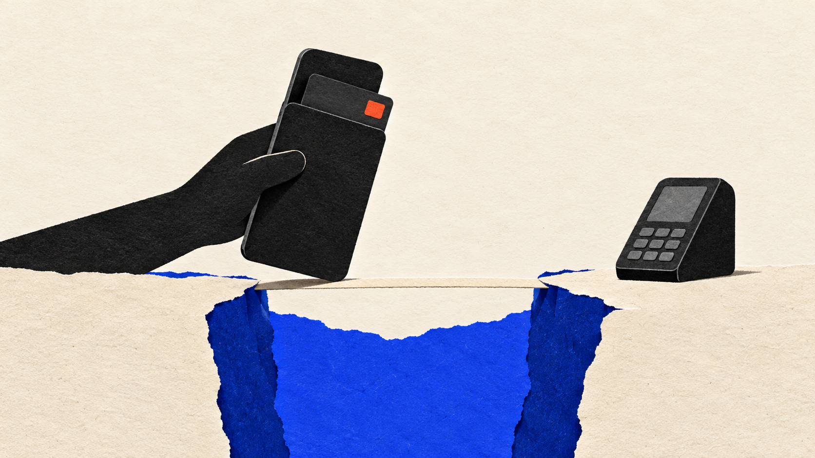 Conceptual paper-collage illustration of a phone approaching a contactless terminal across a narrow bridge; not a photograph or a depiction of an actual payment screen